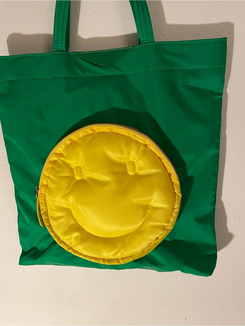Green Tote with Bright Yellow Smiley Pouch